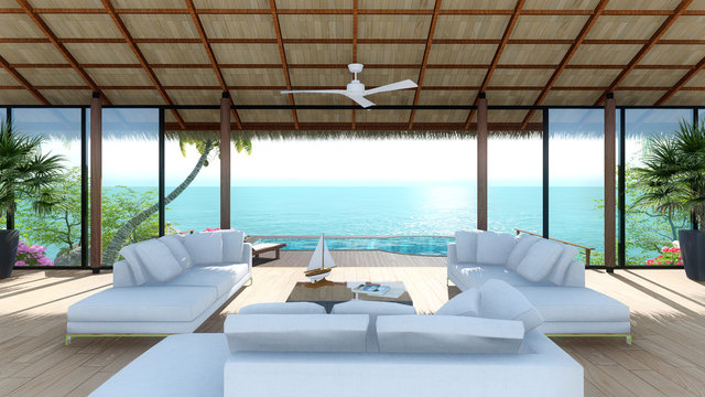 tropical bungalow sea view beach on holiday light blue sea