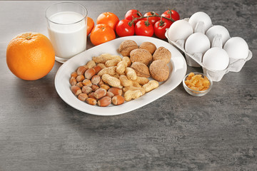 Allergy food concept. Allergic food on table