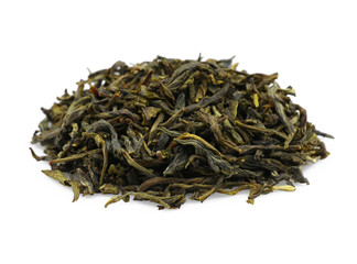 Heap of dry tea leaves on white background