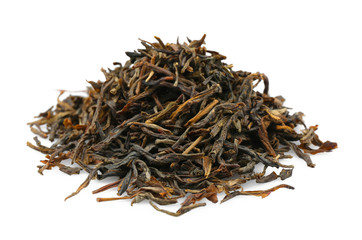 Heap of dry tea leaves on white background