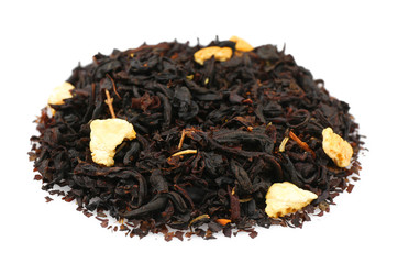 Heap of dry tea leaves on white background