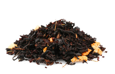 Heap of dry tea leaves on white background