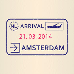 Amsterdam passport stamp. Travel by plane visa or immigration stamp. Vector illustration.