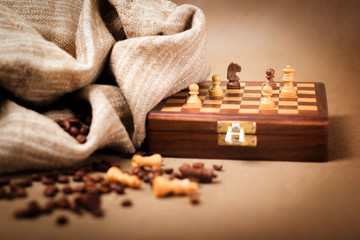 Chessboard and coffee beans