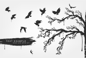 figures of flying birds, trees in grunge style