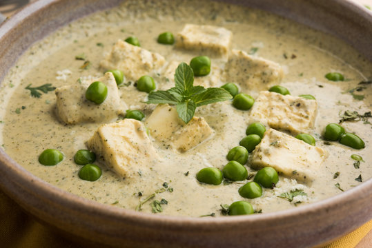 methi malai mutter paneer or methi malai paneer, popular indian vegetarian main course, selective focus