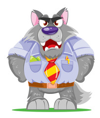 The icon, image of the angry boss in the form of a wolf. Chief angrily looks at the guilty employee resting his hands on his hips. Vector.