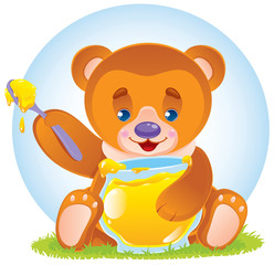 Cute little teddy bear eating honey. Hand drawn cute little Teddy bear sitting and hugging a jar of honey, delicious honey scoops with a large spoon. Bear is very happy to eat. Vector. 