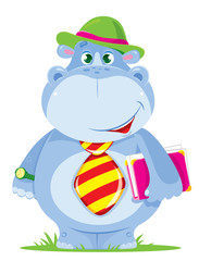 Happy Hippo manager has prepared an excellent report. Vector. A satisfied employee with a folder in hand in the tie and the hat came to work.