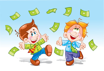 Two people are very happy to win and dancing, having a big pile of money. Money in large numbers flying around them on a blue background. The big profits. Vector illustration.