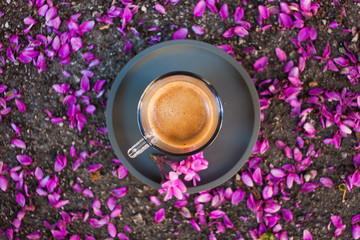 Fototapeta na wymiar A cup of coffee on the ground covered with pink petals. Green and pink coffee capsules.