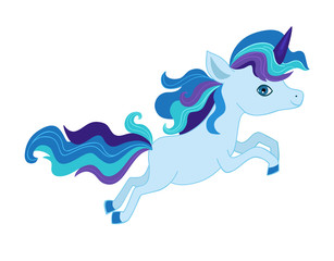 Illustration of a very cute running unicorn in blue tones.