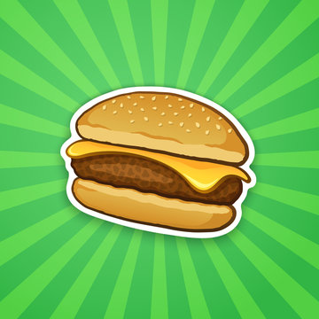 Vector illustration. Cheeseburger with cheese. Unhealthy food. Sticker in cartoon style with contour. Decoration for patches, prints for clothes, badges, posters, emblems, menus