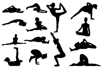 Woman makes yoga exercise. Vector silhouette. Vector images set (collection)