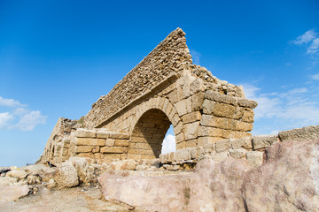 Ancient roman aqueduct in Caesarea, sightseeings in Israel.