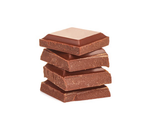 Broken chocolate pieces on white background