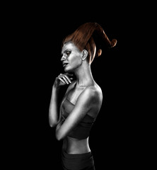 Beautiful young woman with amazing body-art as capricorn on dark background. Zodiac signs concept