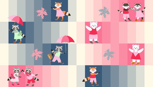 Print for fabric with cute pet and woodland animals on colorful striped background. Vector image. Autumn motives. Roller skating.