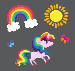 Illustration of a very nice rainbow unicorn with a rainbow sun and a butterfly.