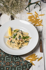 Pasta penne with salmon