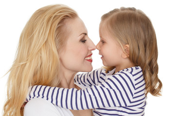 Her little big world. Close up shot of a charming mother rubbing noses with her child smiling happily on white background.