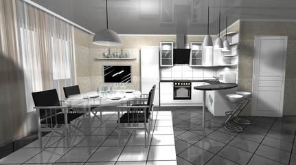 interior white kitchen modern 3D rendering design
