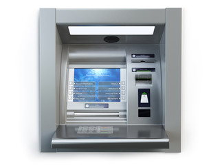 ATM machine isolated on white. Automated teller bank cash machine.