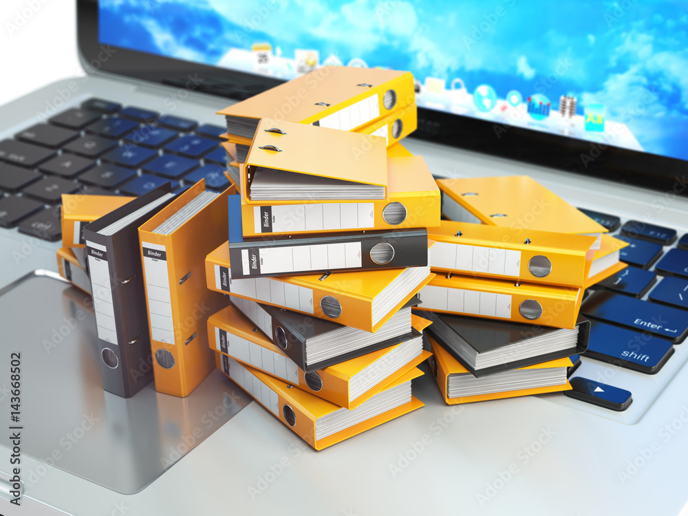 Aufkleber laptop and pile of file cabinet with ring binders. database, archive, computer data storage, office 