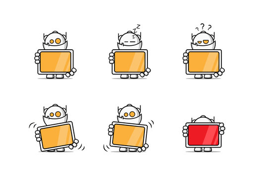 Small robots with a screen in their hands. In different positions symbolizing the screen action