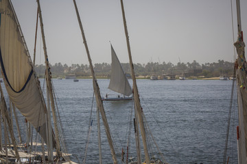 Wooden boats felucca at the Nile River in Aswan, Egypt, North Africa