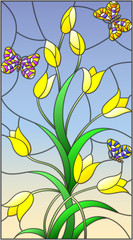 Fototapeta na wymiar Illustration in the style of stained glass with yellow buds tulips and colorful butterflies on a sky background