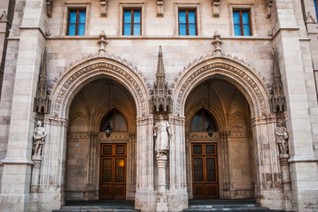 Parliament building in Budapest, with details on the facade and  monuments of the building