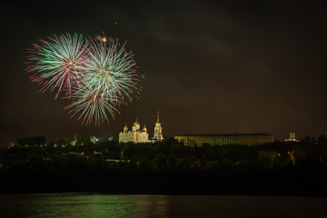 Vladimir, Golden ring of Russia. Fireworks in the sky over the Assumption cathedral.