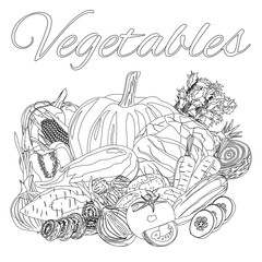 Vegetables. Vector illustration. Black and White Pattern. Page for coloring book.