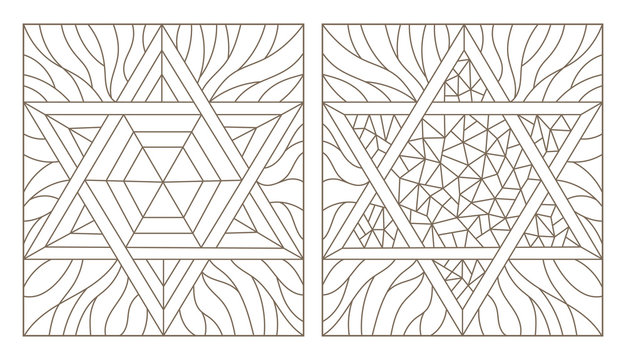 Set contour illustrations of the stained glass Windows with star of David, dark outline on a white background