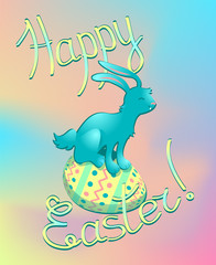 Colorful Easter greeting card in pastel colours. Symbols of Easter - blue rabbit on painted colorful egg. Rainbow coloured Easter postcard with happy rabbit.