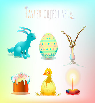Colorful set of Easter symbols and templates in pastel: blue rabbit, painted egg, rainbow colored vase with willow branches, traditional easter cake, hatched chicken, bright lit candle with eggs. 