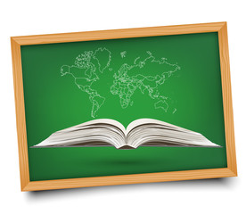 World map on open book on blackboard background.