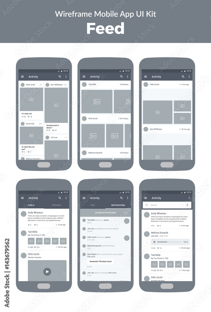 Canvas Prints wireframe kit for mobile phone. mobile app ui design. feed, activity, photos, public, notifications,