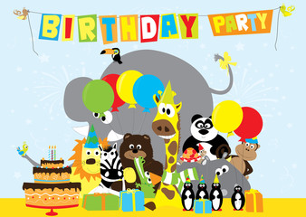  birthday party invitation with cartoon wild animals, birthday cake, balloons / vectors illustration for children