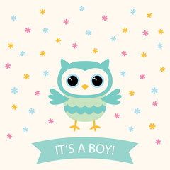 Baby boy arrival card with a cute cartoon owl