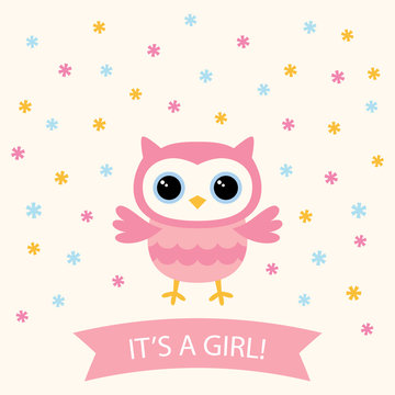Baby girl arrival card with a cute cartoon owl