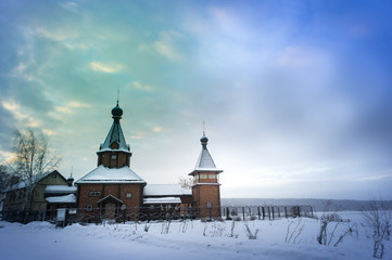 Winter sunrise in forest and river near the russian orthodox church, fantastic winter nature landscape, wallpaper