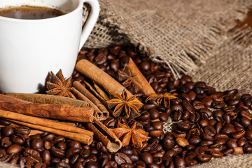 Coffee beans and cinnamon on a background of burlap. Roasted coffee beans background close up. Coffee beans pile from top with copy space for text. Seasoning