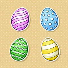 Vector illustration. Set of stickers of Easter eggs. Sticker in cartoon style with contour. Decoration for greeting cards, patches, prints for clothes, badges, posters, emblems