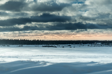 Obraz premium field of snow winter forest and cloudy sky