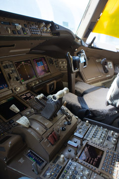the cocpit in an airplane