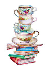 Party colorful tea cups of books closeup. Sketch handmade. Postcard for Valentine's Day. Watercolor illustration.