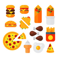Set of colorful cartoon fast food icons isolated restaurant tasty american cheeseburger meat and unhealthy burger meal vector illustration.