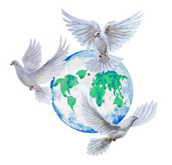Doves fly over the globe. Watercolor illustration